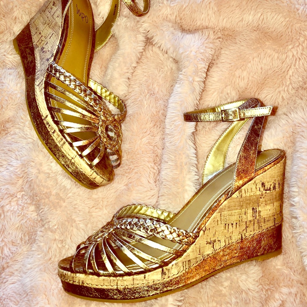 Impo gold metallic strappy wedge sandal